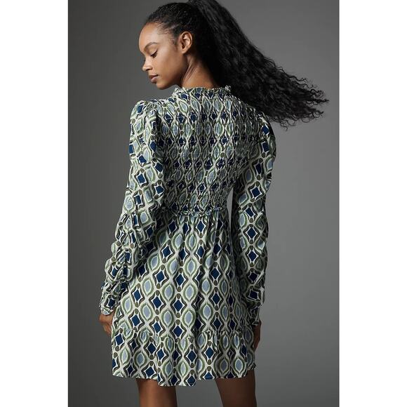 Anthropologie Womens Blue Motif Long-Sleeve V-Neck Ruffle Mini Dress Large - Picture 2 of 13